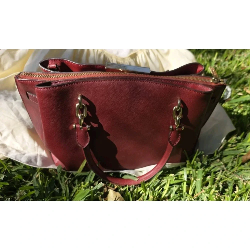 Michael Kors Saffiano Leather Satchel Burgundy Gold Hardware Triple Compartment